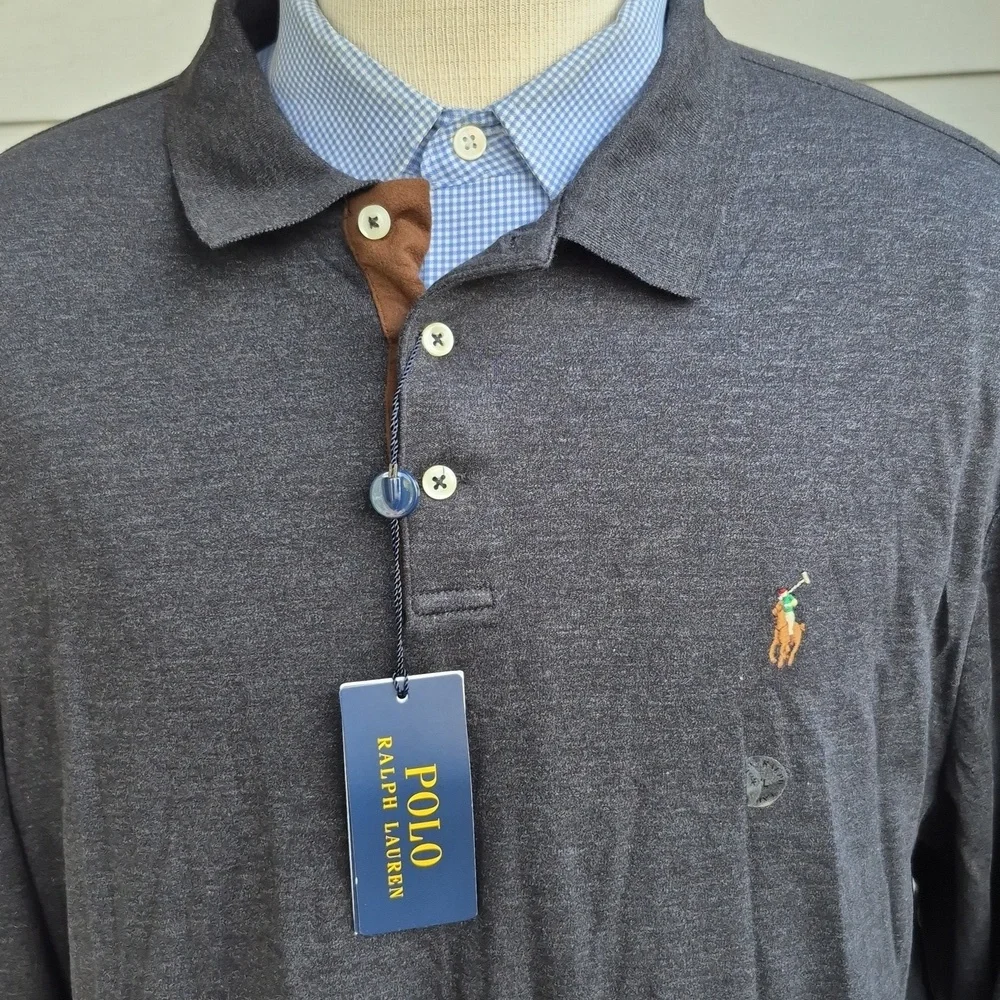 POLO Ralph Lauren Black Heather Grey‎ Cotton Mens XXL Polo Long Sleeve Shirt NEW